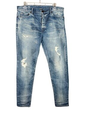 John Elliott Men's Japanese Denim Blue Jeans Skinny Cotton Distressed Paint 32